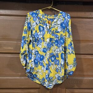 Ruby Rd. Yellow Floral Button-Front Blouse with Blue & White Blooms